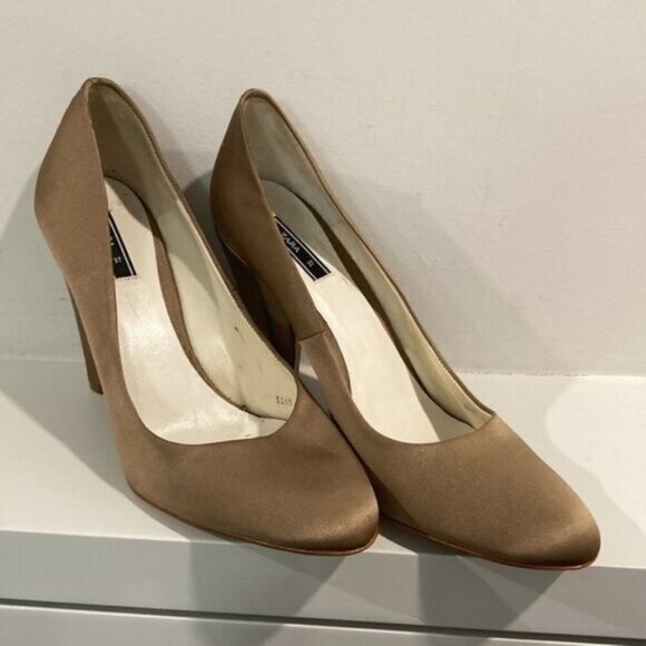 Zara Tan Satin Pumps Block Heels 37 - Picture 9 of 14